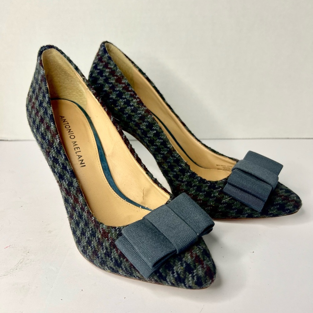 Antonio Melani Caylee Green Blue Wool Plaid Bow Pointed Heels Womens 7 Pump